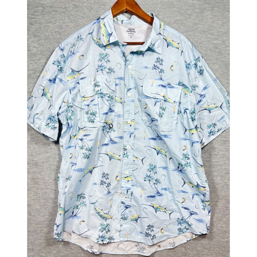 Izod Mens Shirt XL Saltwater Performance Blue Fish Print Vented Button Down